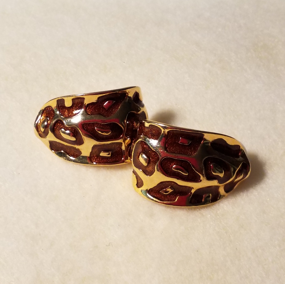 Brown and Gold print clip on earrings